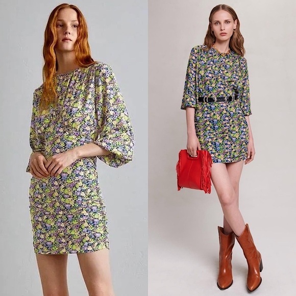 NWT MAJE Floral Recycled Crepe Balloon Sleeve Draped Ruched Skirt Mini Dress S - Picture 1 of 16